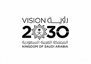 Saudi Vision 2030 logo featuring the palm tree and crossed swords emblem with English and Arabic text.