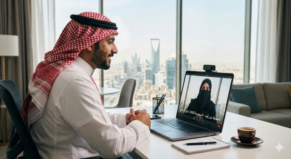 كيف تتقن المقابلات الشخصية عن بُعد في السعودية 2025: دليل شامل للنجاح والحصول على الوظيفة صورة شخص سعودي يجري مقابلة وظيفية عبر الحاسب الآلي المحمول
