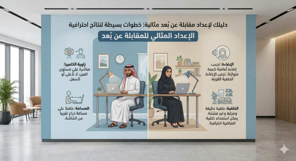 [صورة 3: وصف الصورة إنفوجرافيك توضيحي يشرح الإعداد المثالي للمقابلة عن بُعد: زاوية الكاميرا، الإضاءة، المسافة من الشاشة، الخلفية، بتصميم عصري ونظيف مع أيقونات ونصوص عربية]