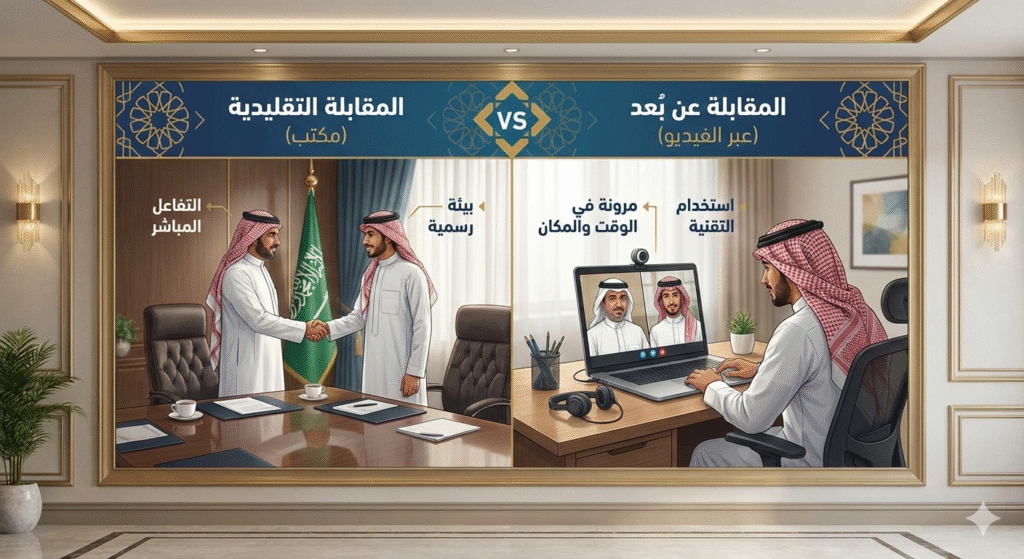 [صورة 2: وصف الصورة - مقارنة بصرية توضح الفرق بين مقابلة تقليدية في مكتب ومقابلة عن بُعد، بتصميم إنفوجرافيك احترافي باللغة العربية]