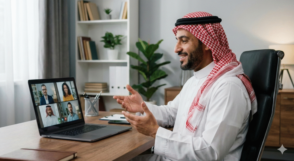 [صورة 1: وصف الصورة شخص سعودي محترف يجري مقابلة عمل عبر الفيديو من مكتب منزلي أنيق، يظهر في الصورة شاشة اللابتوب والشخص بملابس رسمية، إضاءة احترافية، خلفية نظيفة]